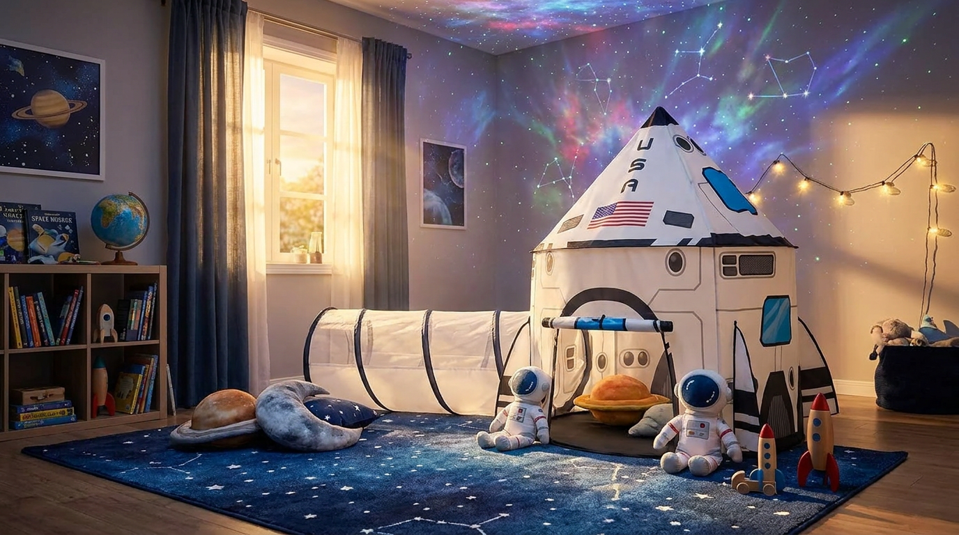 How do I style a Rocket Ship Tent in space bedroom decor?