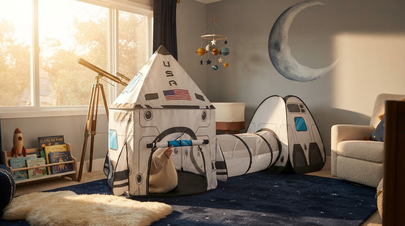 How do I style a Rocket Ship Tent in a space nursery?