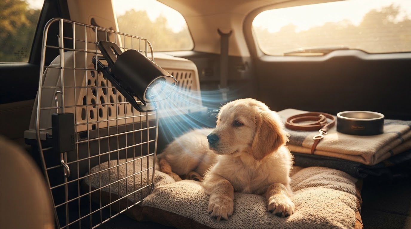 Car Clip-On Fan Ventilation for Dogs in Crates