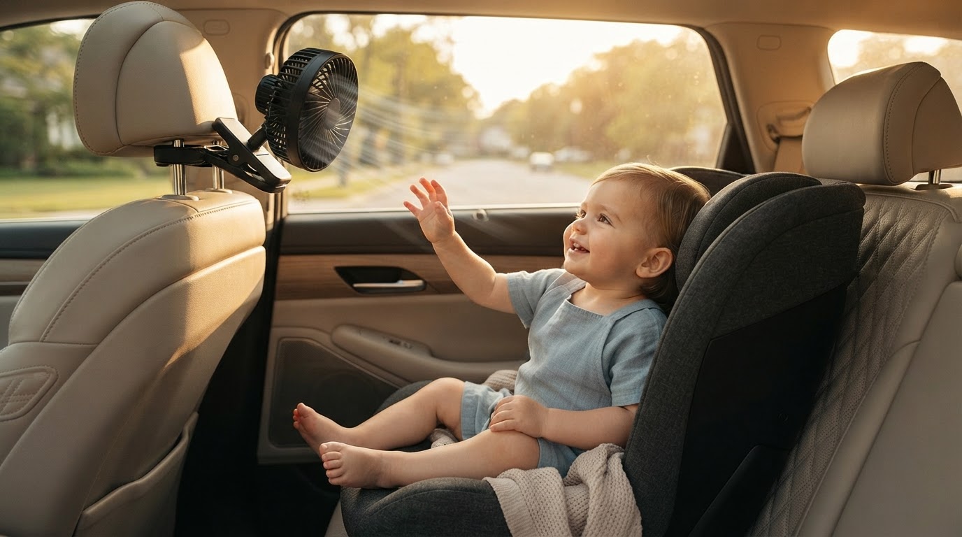 How to secure a Car Clip-On Fan to a rear-facing car seat?