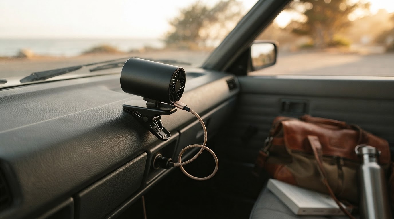 How do I install a USB Car Clip-On Fan on a dashboard?