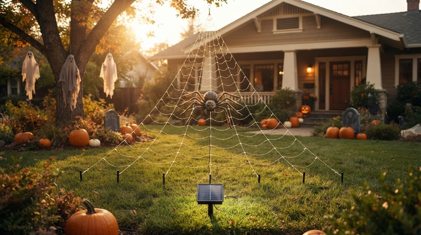 How does a giant light up spider web solar system work?