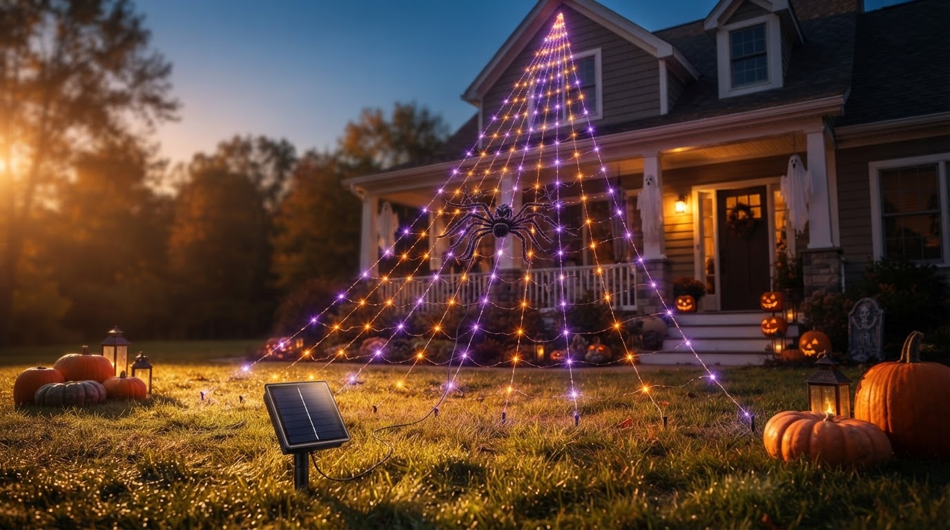 How does a solar powered halloween spider web work?