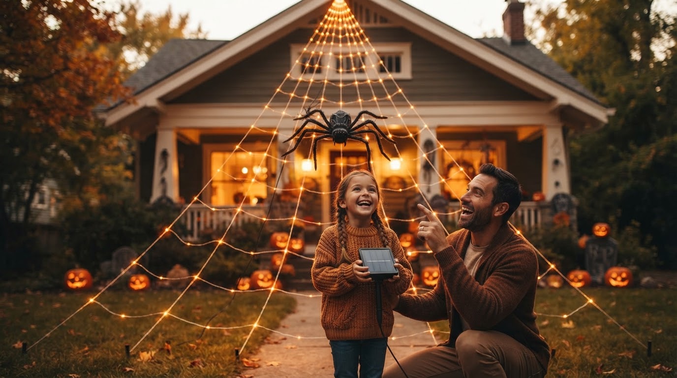 How do I install a LED Solar Spider Web decoration?