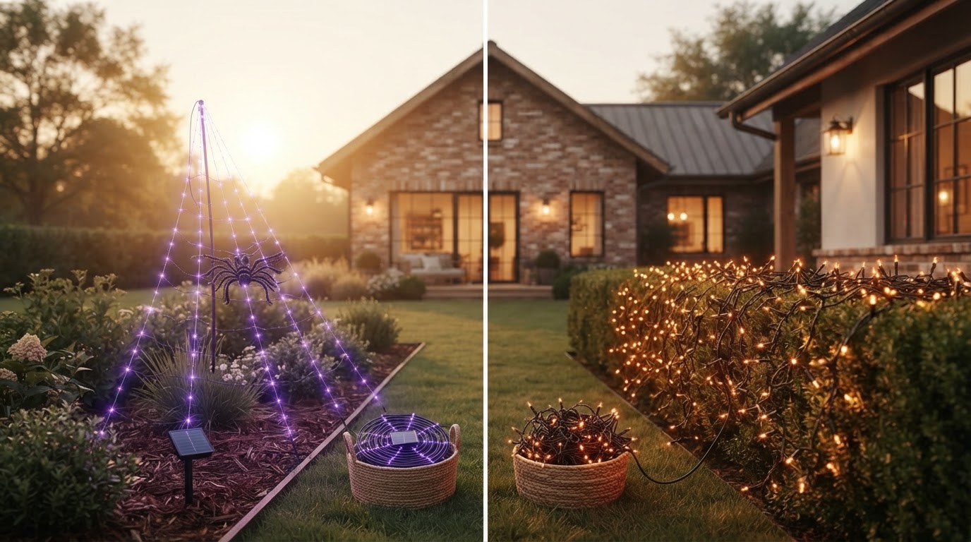 Solar Spider Web Decor vs. Standard Outdoor LED Strings