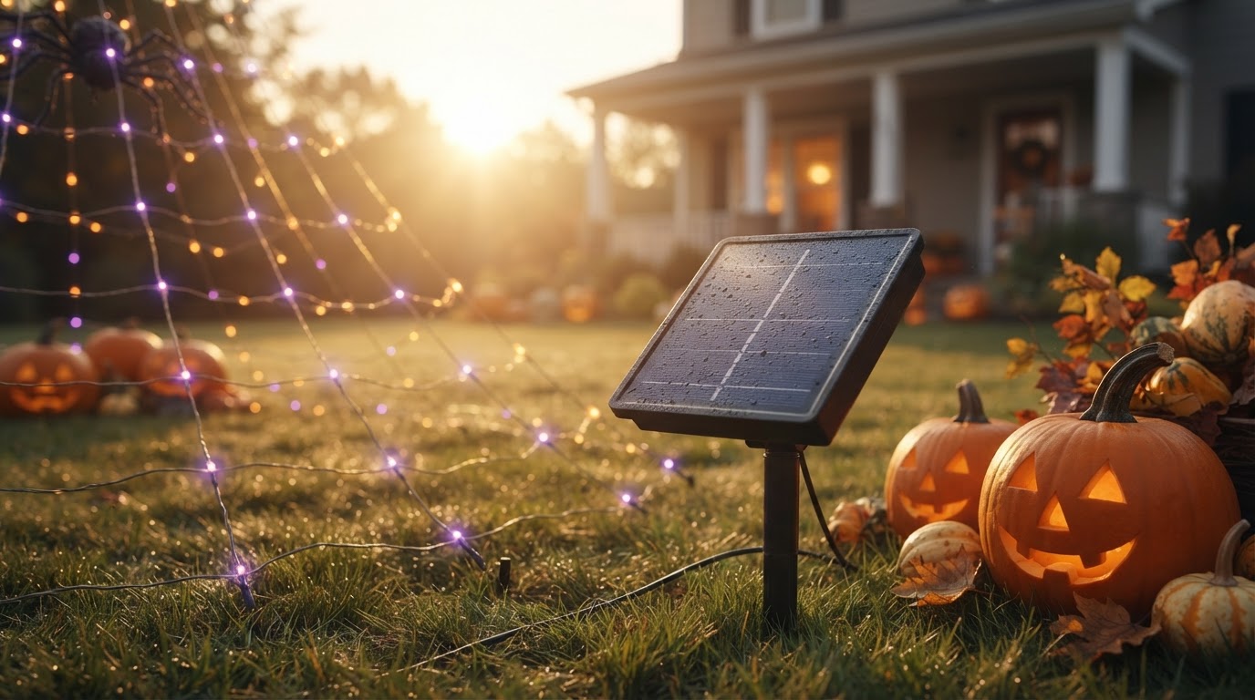 How does an LED Solar Spider Web stay powered all night?