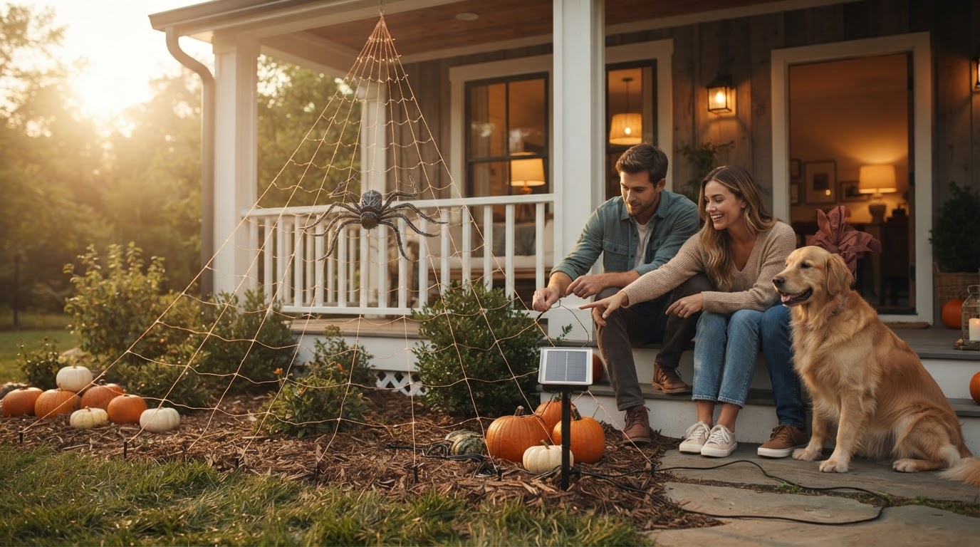 How do outdoor solar spider web decorations work?