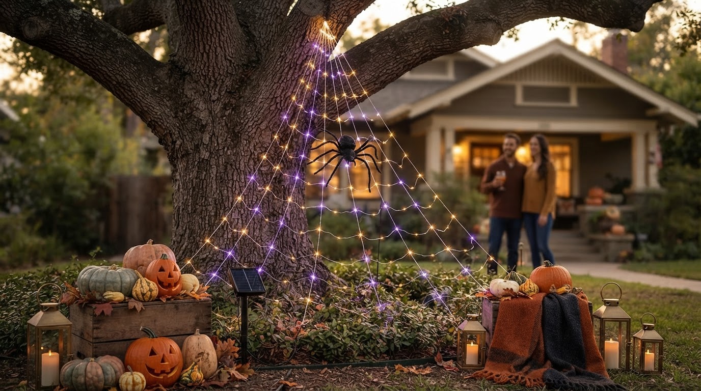Solar Spider Web Decorating for Sustainable Halloween Displays