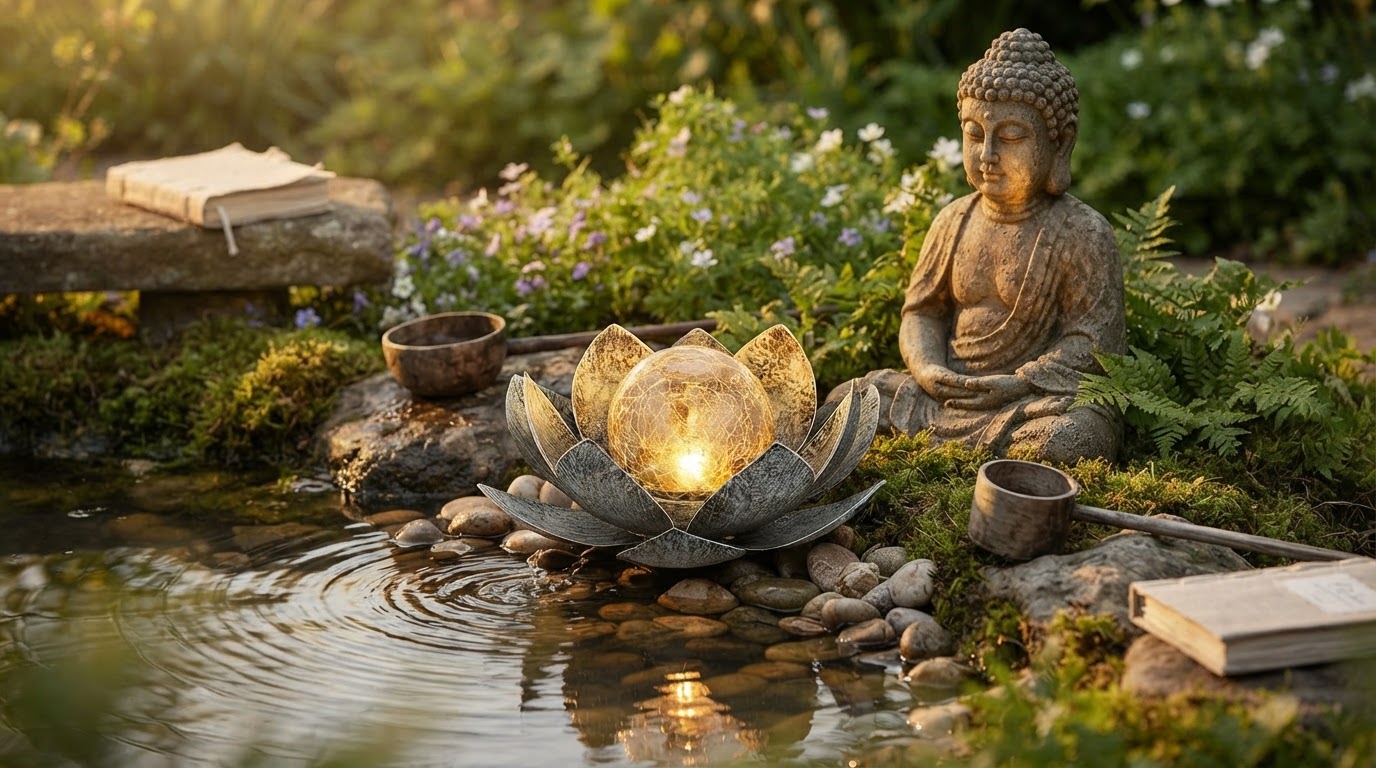 How does Solar Lotus Light improve Buddha garden lighting?