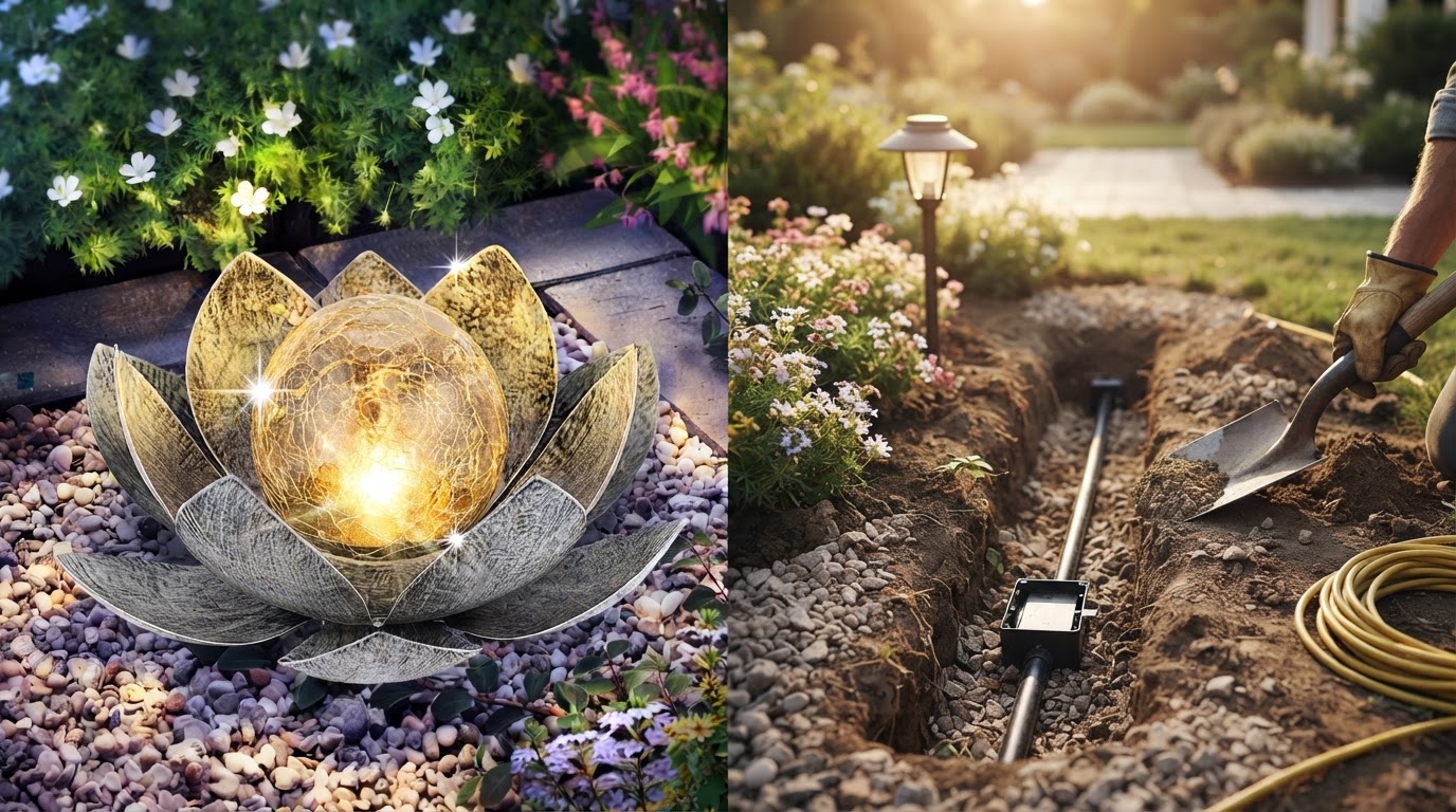 Solar Lotus Light Efficiency vs Electric Garden Wiring