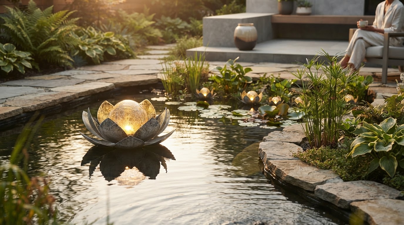Solar Lotus Light Framework for Water Feature Illumination