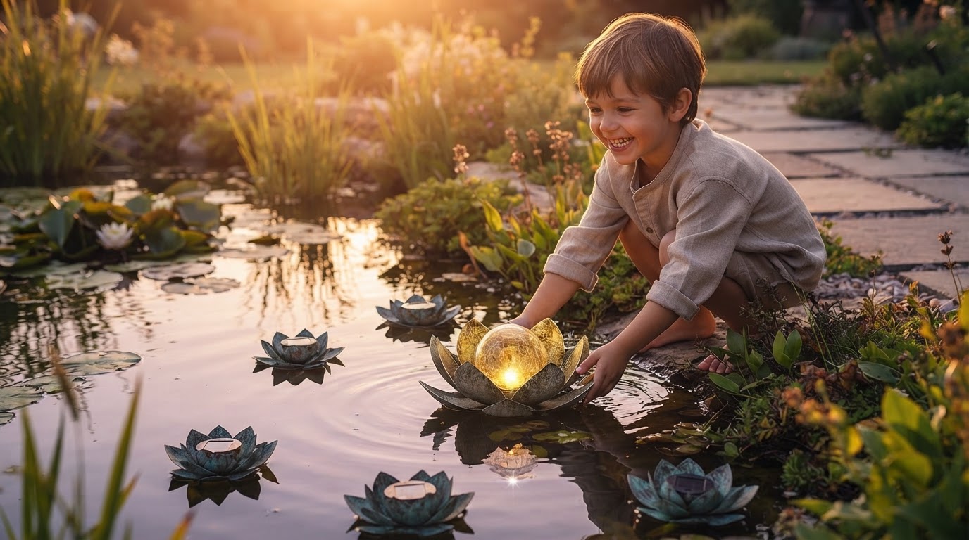 Solar Powered Pond Decor Setup with Solar Lotus Light