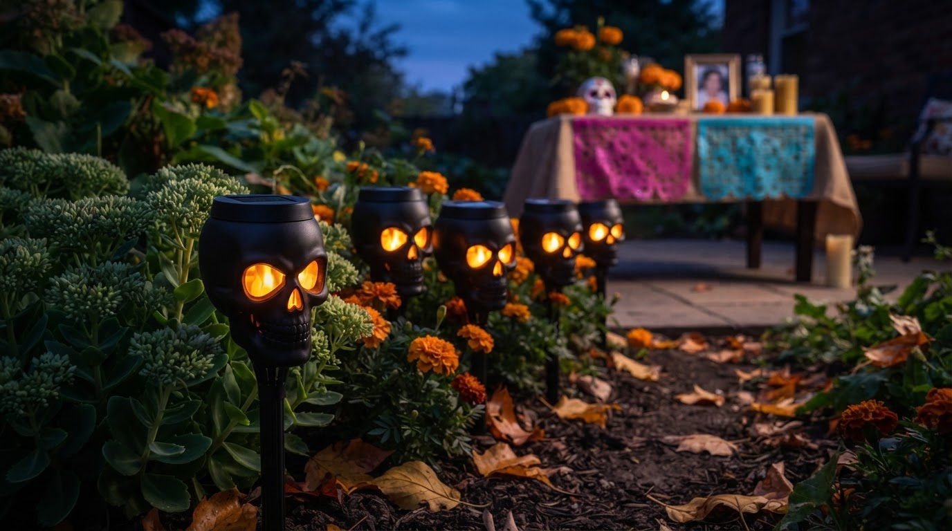 Solar Skull Torch Lights for Day of the Dead Garden Displays