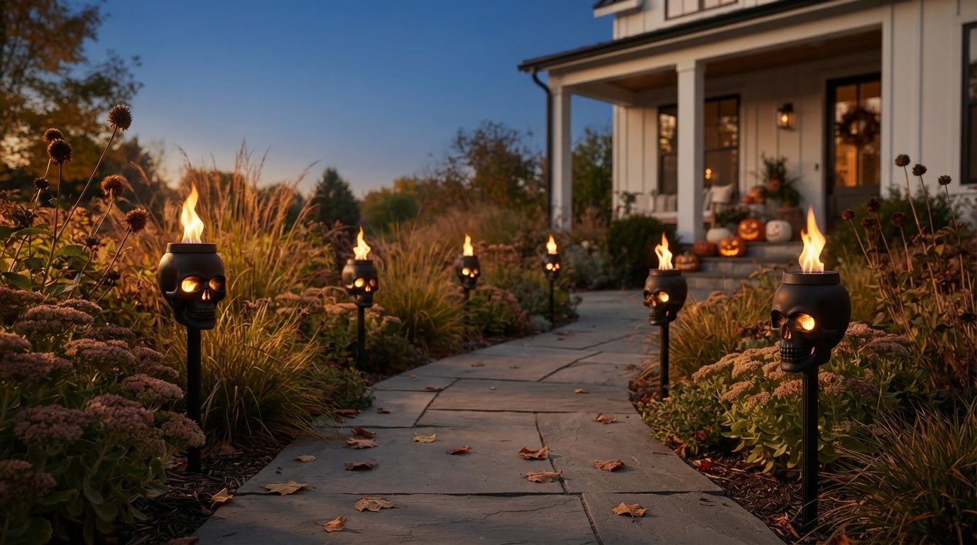 How do Solar Skull Torch Lights simulate realistic flames?