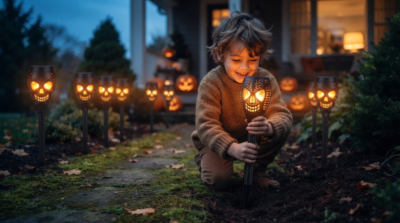 How do Solar Skull Torch Lights secure a pathway?