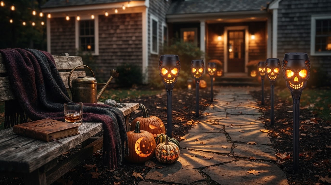 Solar Skull Torch Lights for Horror Themed Outdoor Lighting
