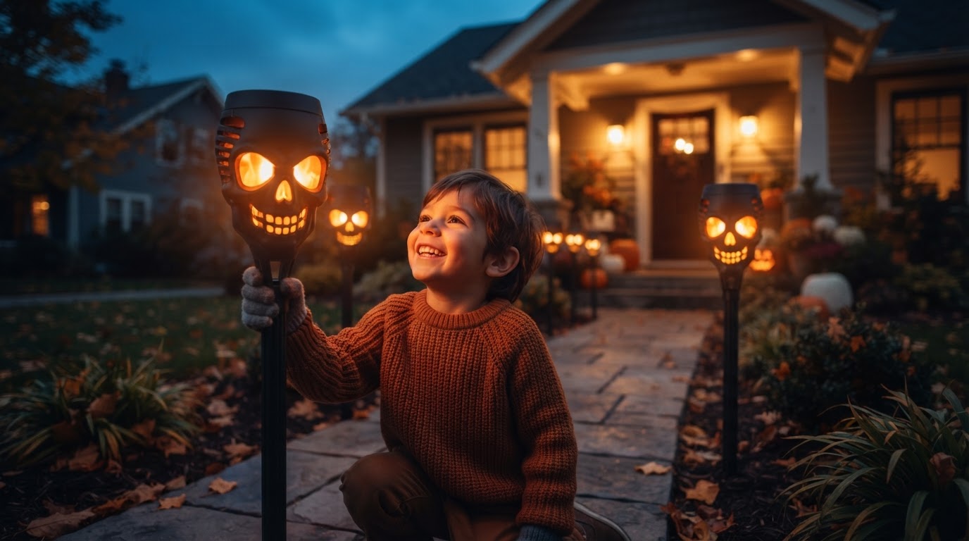 5-Step Spooky Lighting Setup with Solar Skull Torch Lights