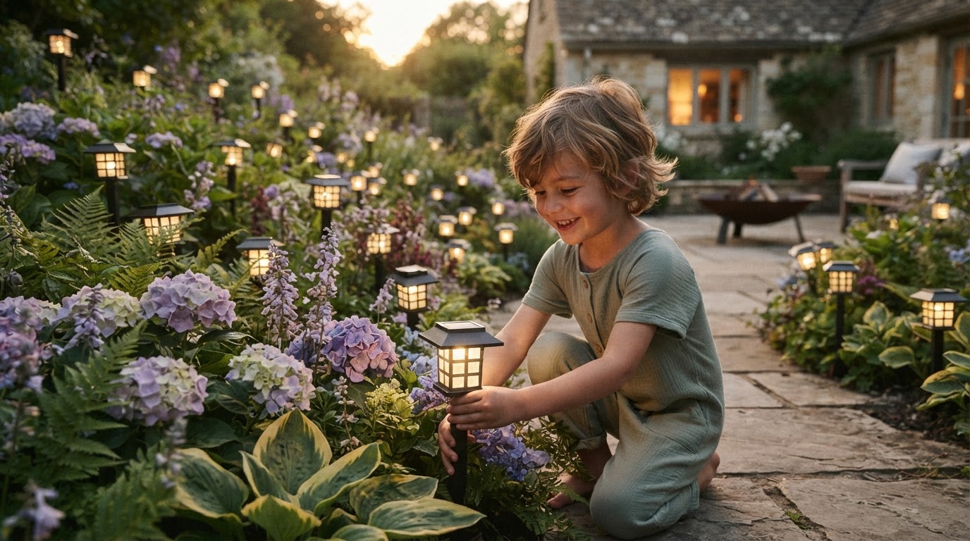 Layering Solar Yard Glow Lighting in Flower Beds