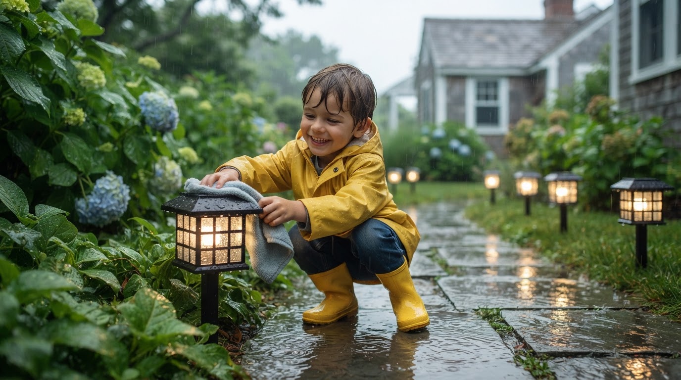 How do I maintain Solar Yard Glow lights in heavy rain?