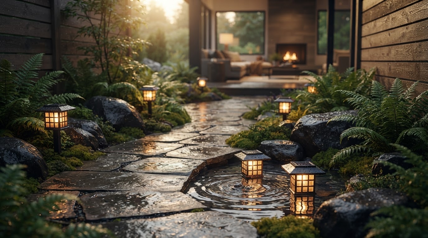 Solar Yard Glow Integration for Wet Landscapes