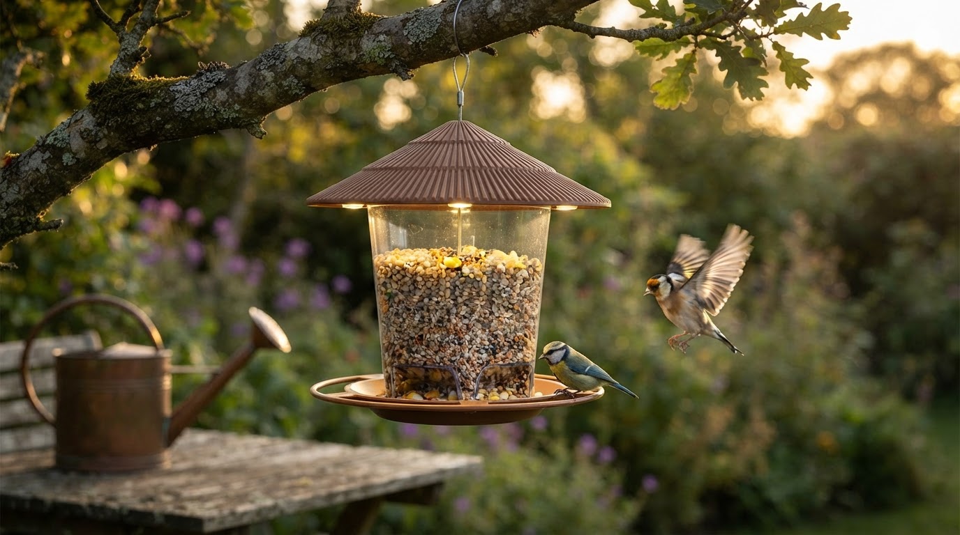 How does a Solar Lantern Feeder tray attract songbirds?