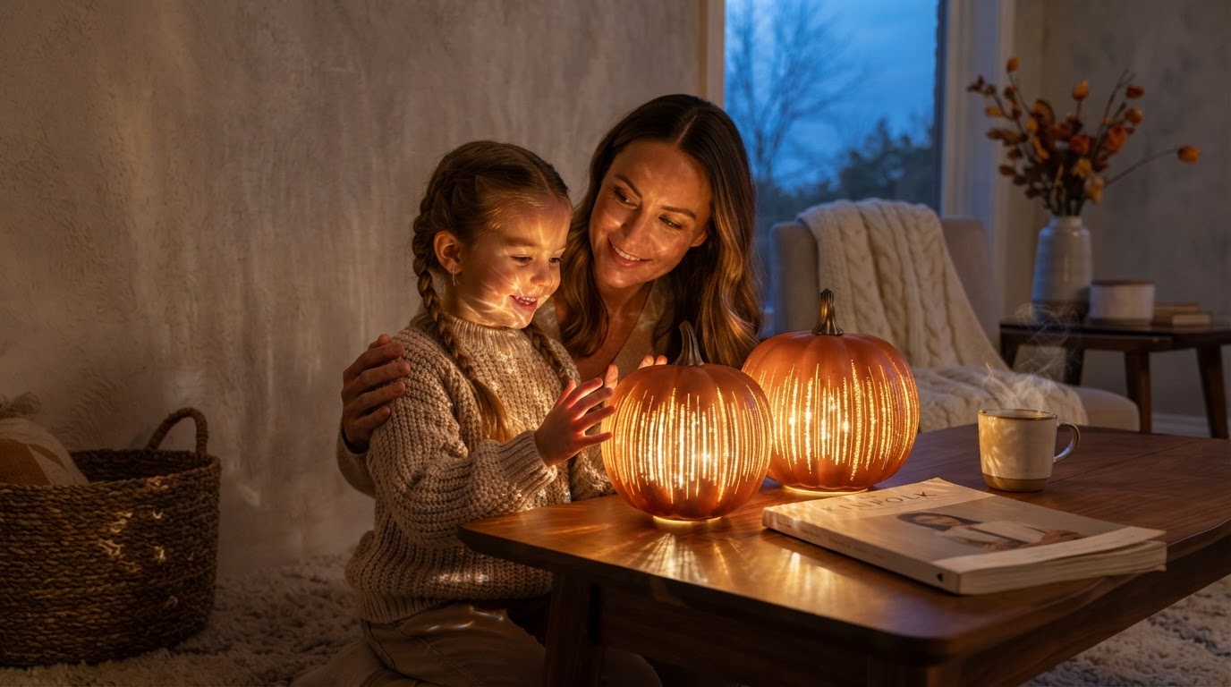How do Starry Night Glass Pumpkins illuminate interiors?