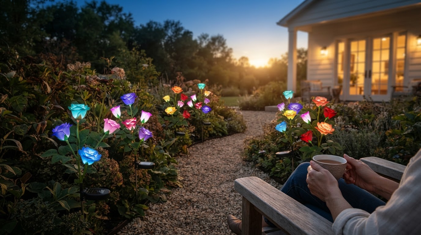 How do solar Glow Roses improve outdoor flower decorations?