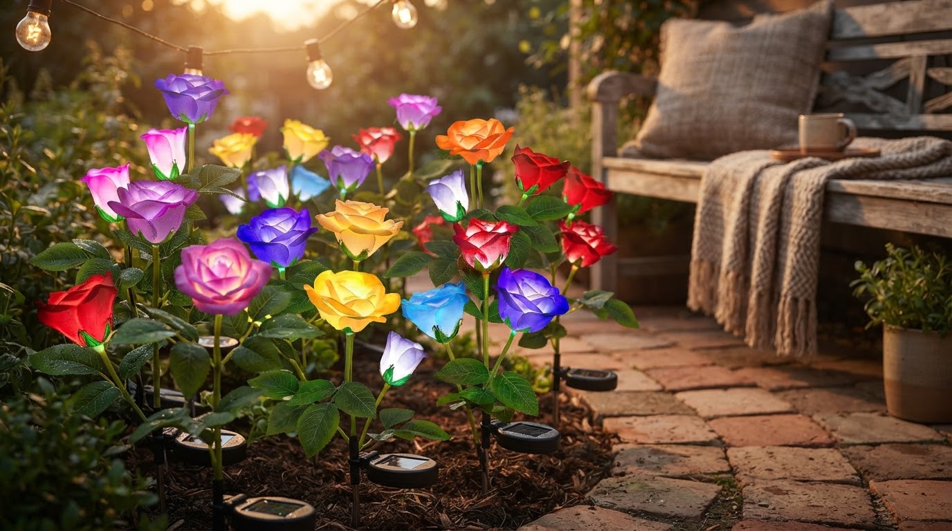 How do solar Glow Roses LED flower stake lights work?