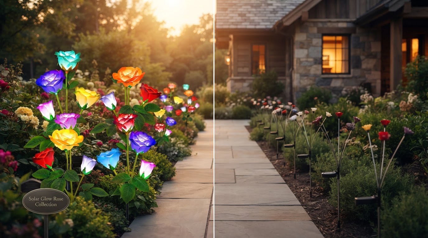 Solar Glow Roses Compared to Generic Garden Stakes