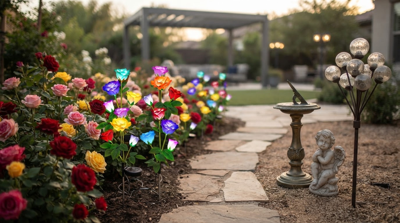 Solar Glow Roses Compared to Standard Garden Accents