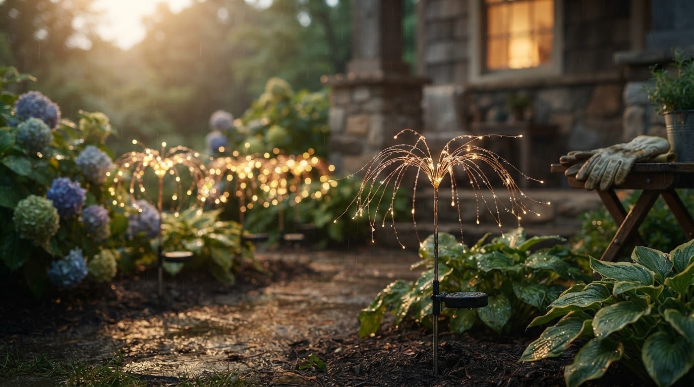 How do Solar Firework Light fixtures handle rain and wind?