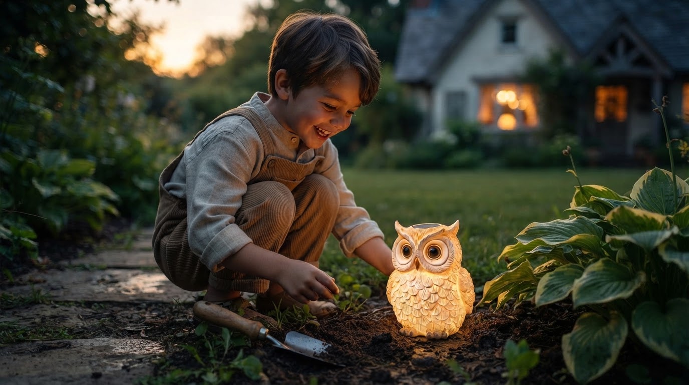 How do you install a resin Solar Owl Light in a garden?