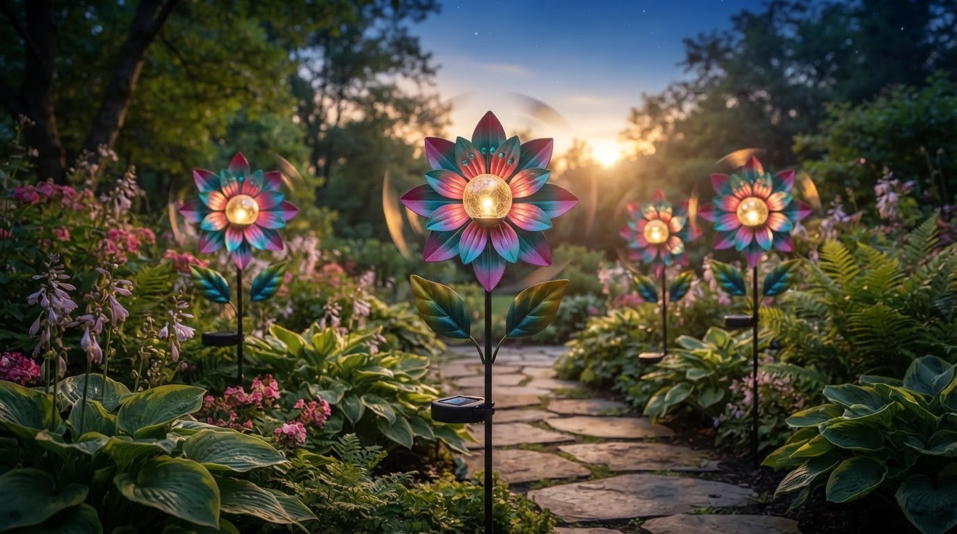 How do Solar Windmill Stakes generate light and motion?