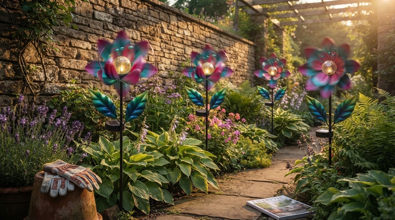 How do Solar Windmill Stakes function as garden decor?