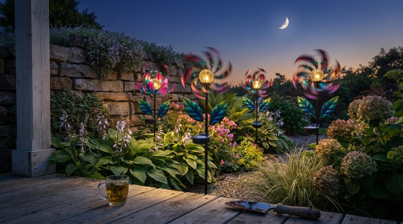 How do Solar Windmill Stakes work as kinetic garden decor?