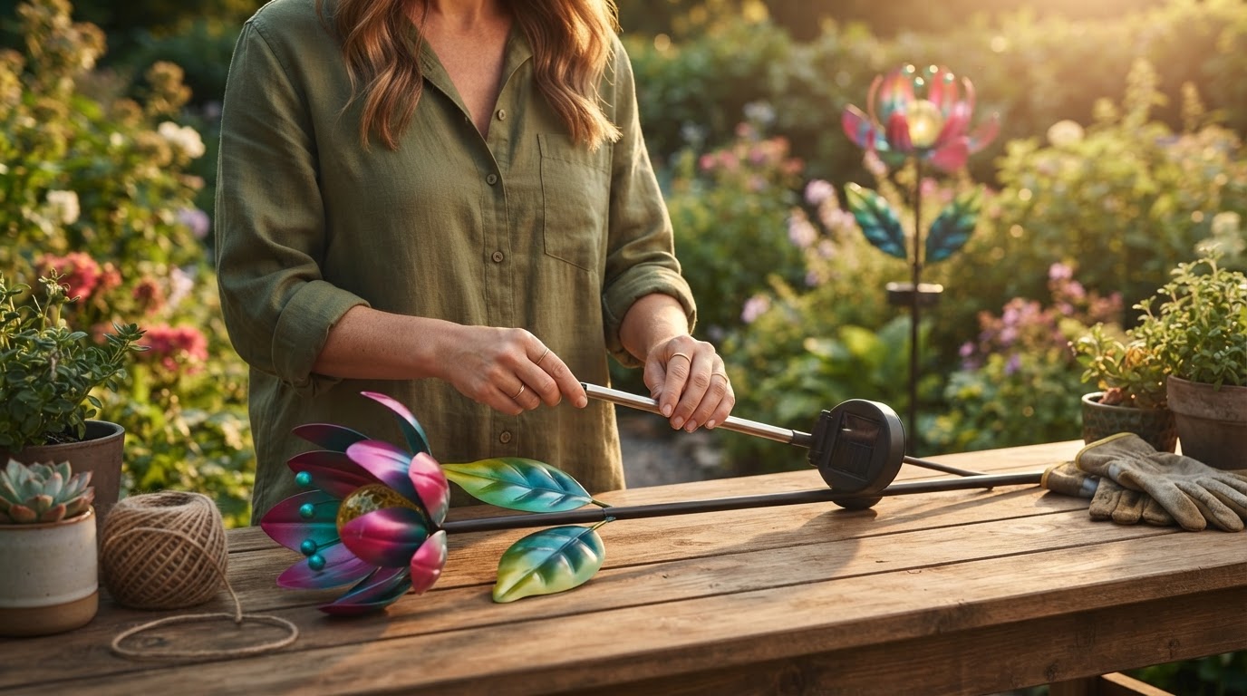 How do you assemble Solar Windmill Stakes for a garden?