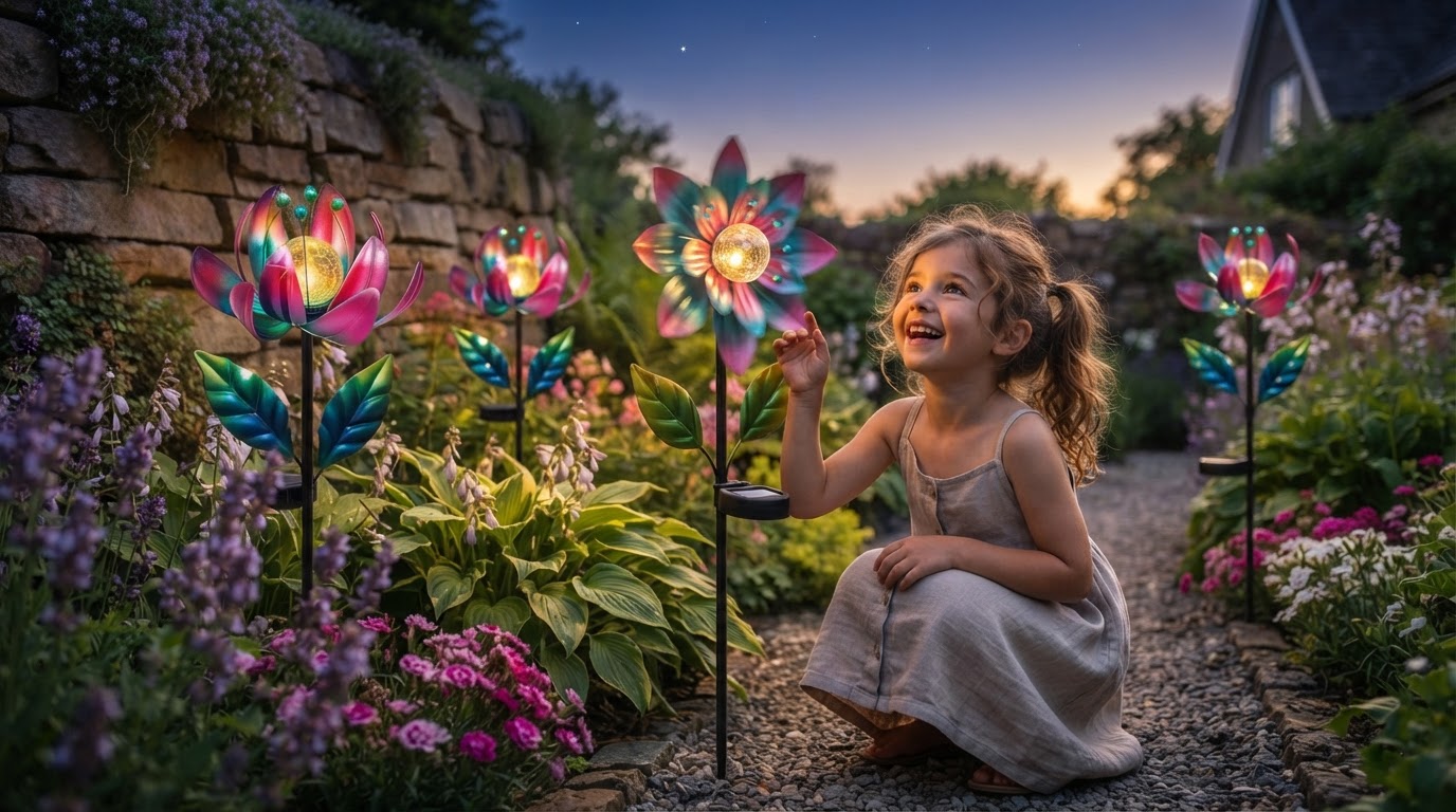 How do I set up outdoor windmill decor with lights?