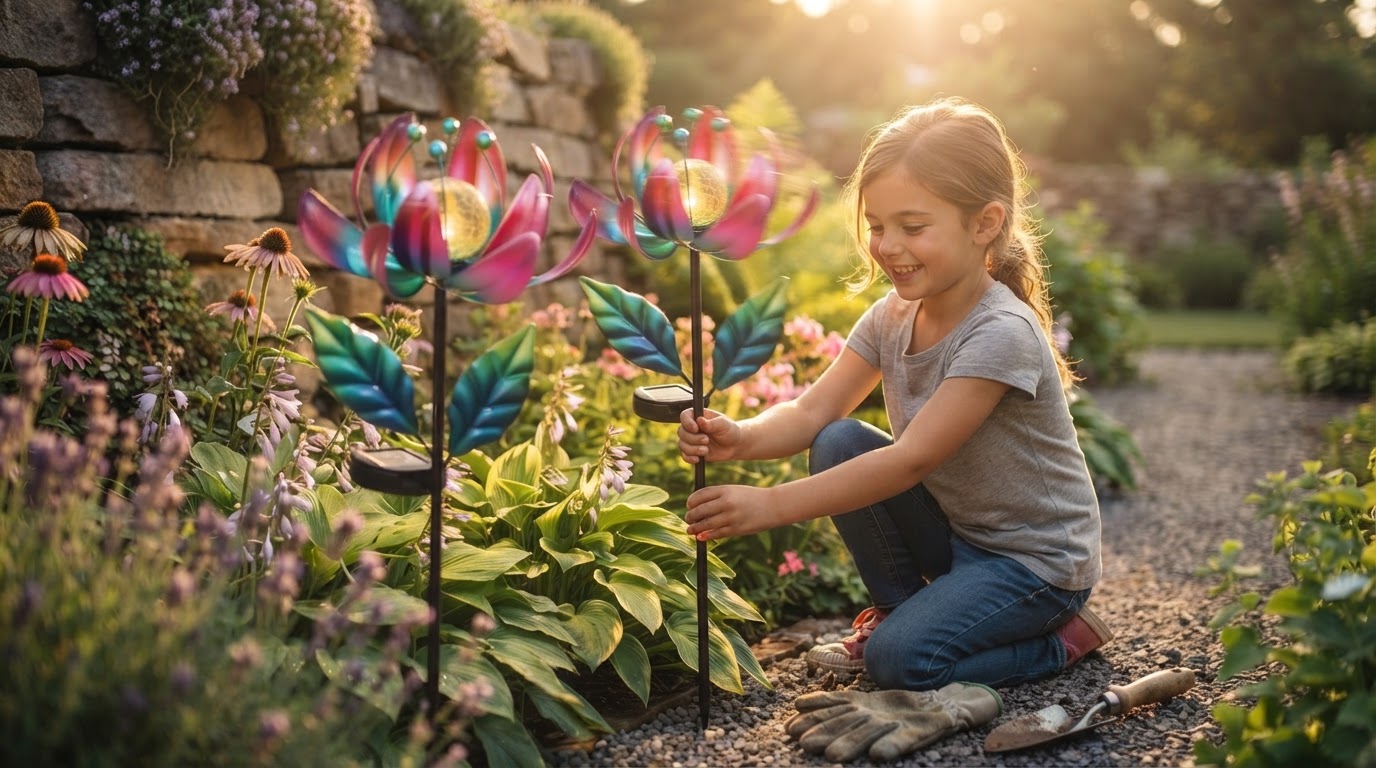 How do I install Solar Windmill Stakes in flower beds?