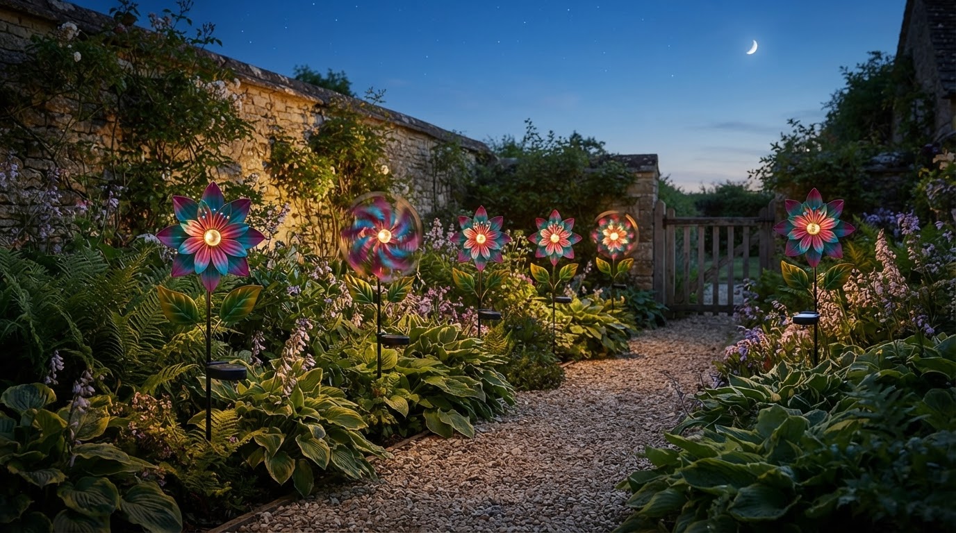 How do light up yard windmills improve night landscapes?