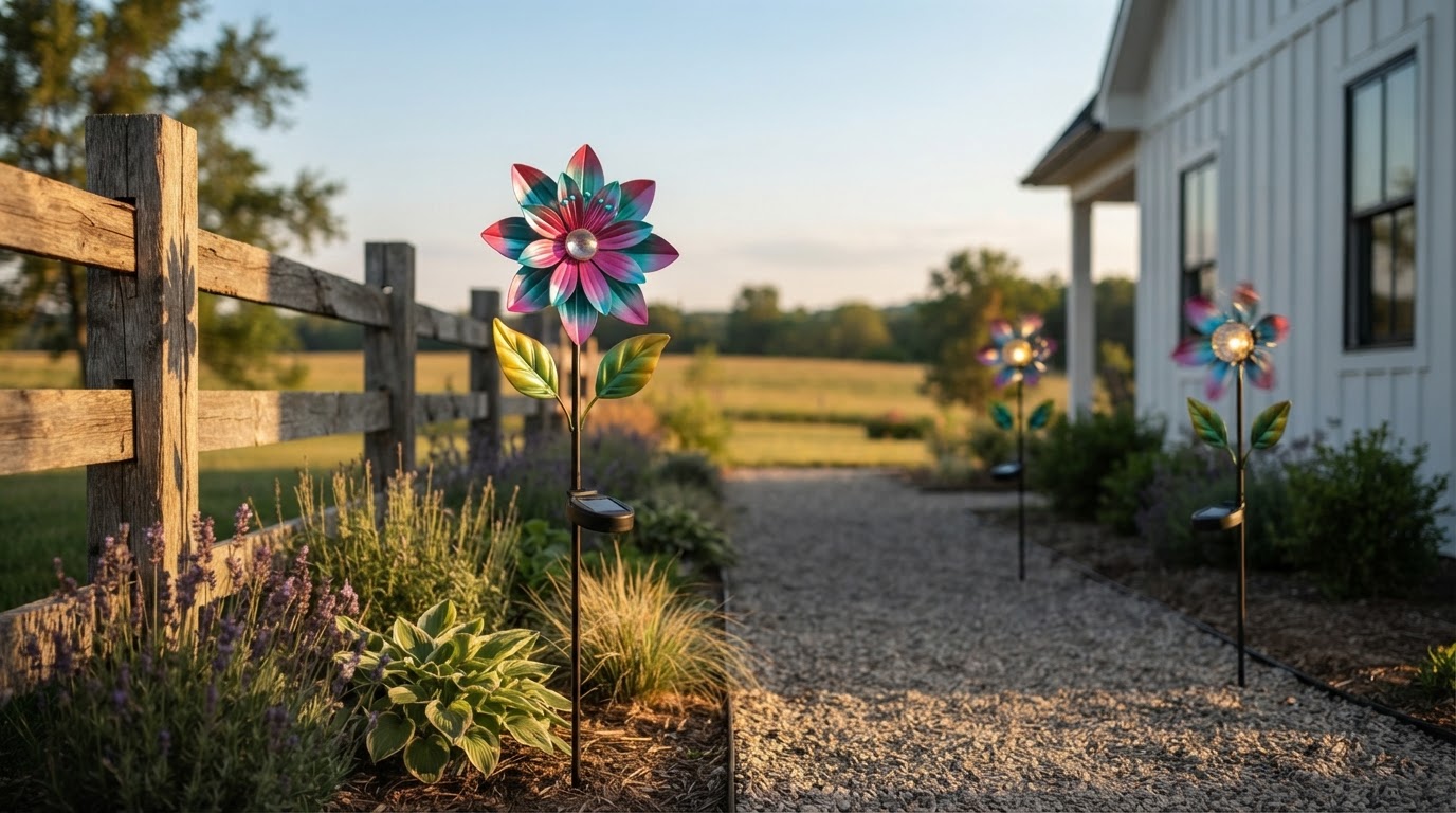 Modern Farmhouse Solar Windmill Stakes for Garden Art