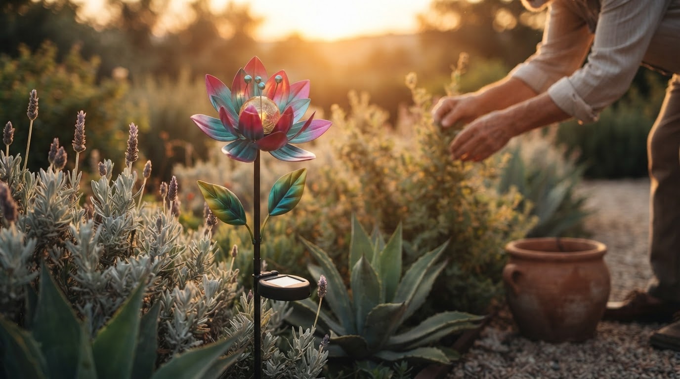 How do Solar Windmill Stakes improve garden aesthetics?