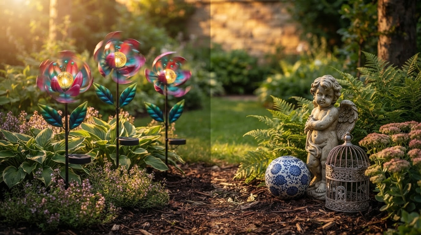 Solar Windmill Stakes Compared to Garden Ornaments