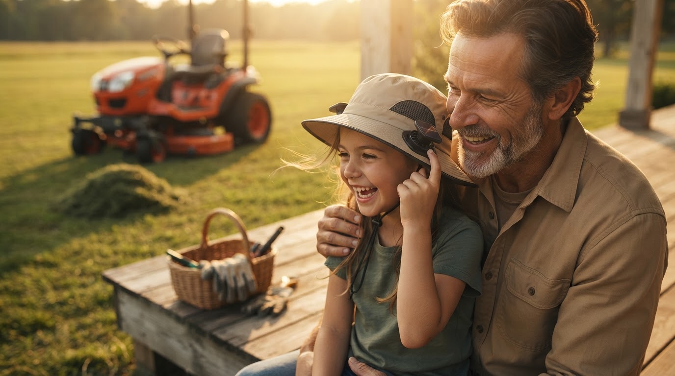 Solar Cooling Hat Gear Setup for Mowing Lawns