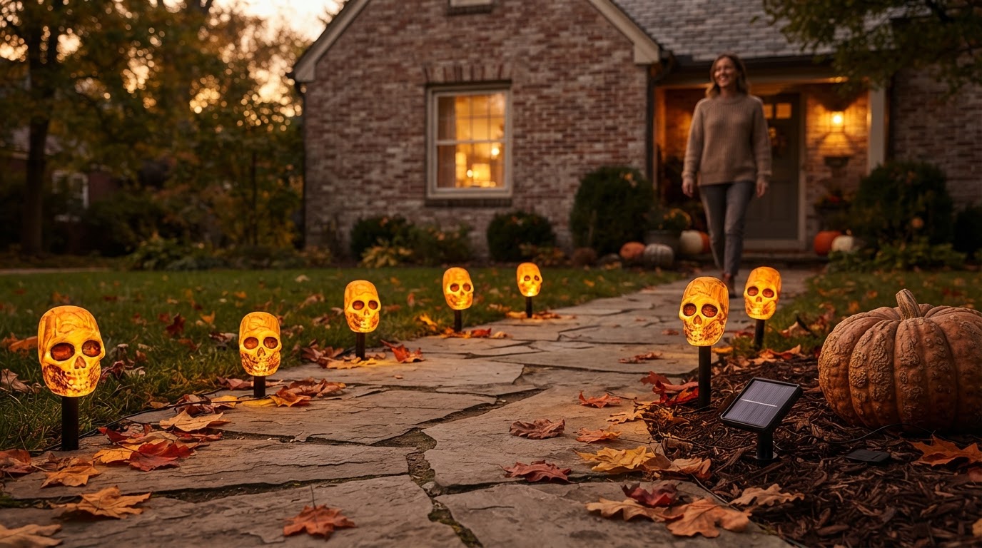 How do Solar Skull Stakes improve halloween pathway lights?