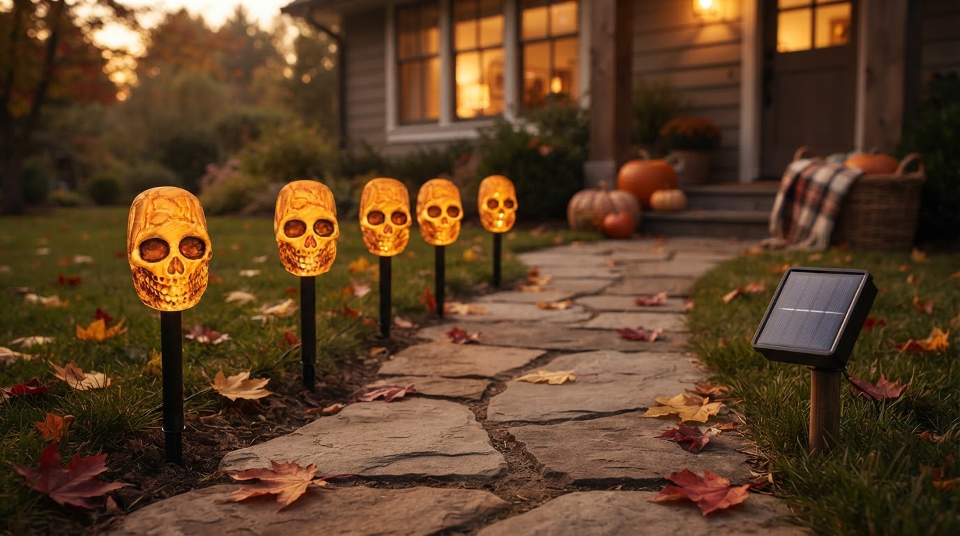How do LED skull pathway lights from Solar Skull Stakes work?