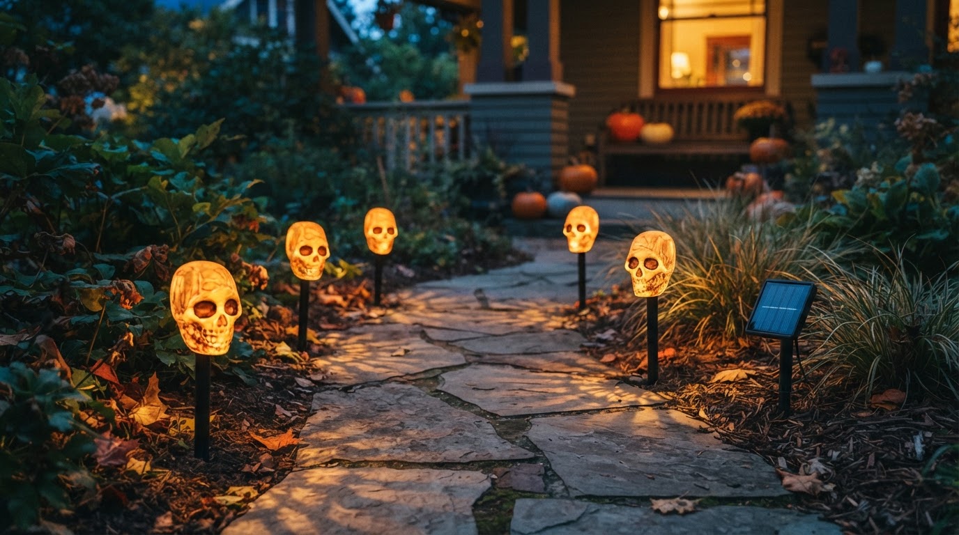 How do Solar Skull Stakes work in outdoor Halloween decor?