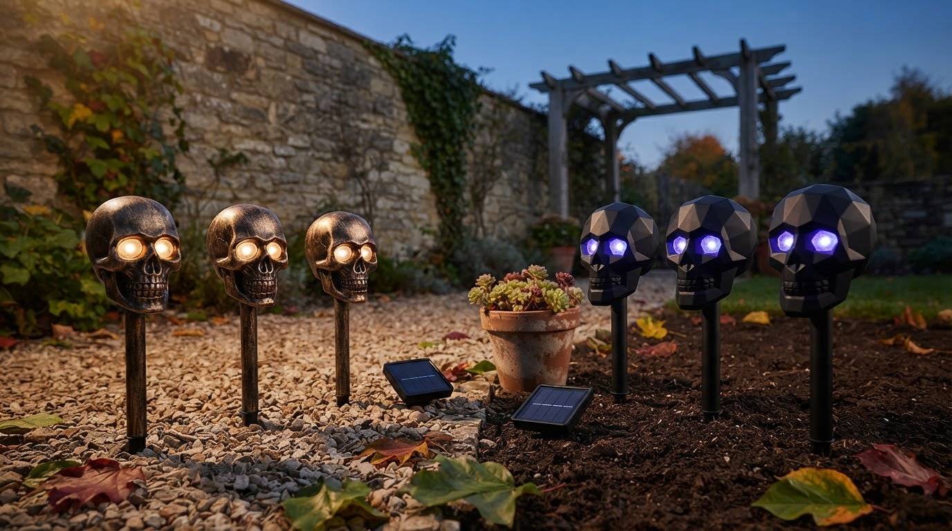 Solar Skull Stakes for Halloween Lighting Comparisons