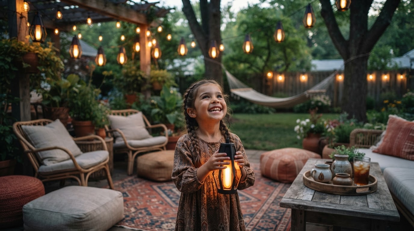 Designing a Boho Backyard with Solar Flame Lantern