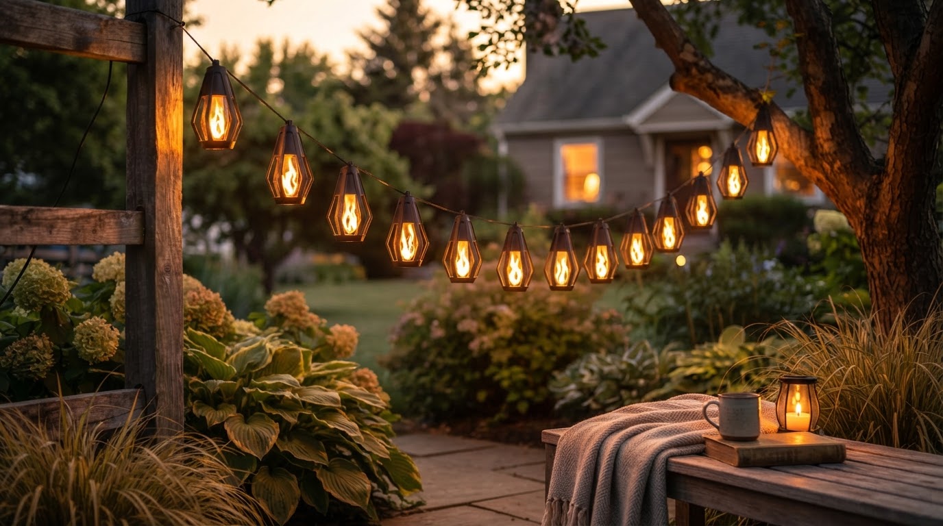 How do SolarFlame String Lights simulate a fire effect?