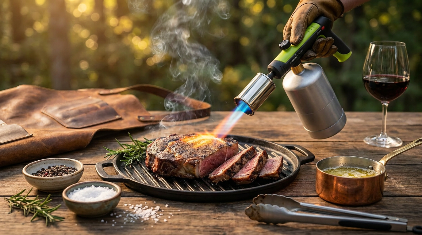Applying the Adjustable Propane Cooking Flame Torch to Steak